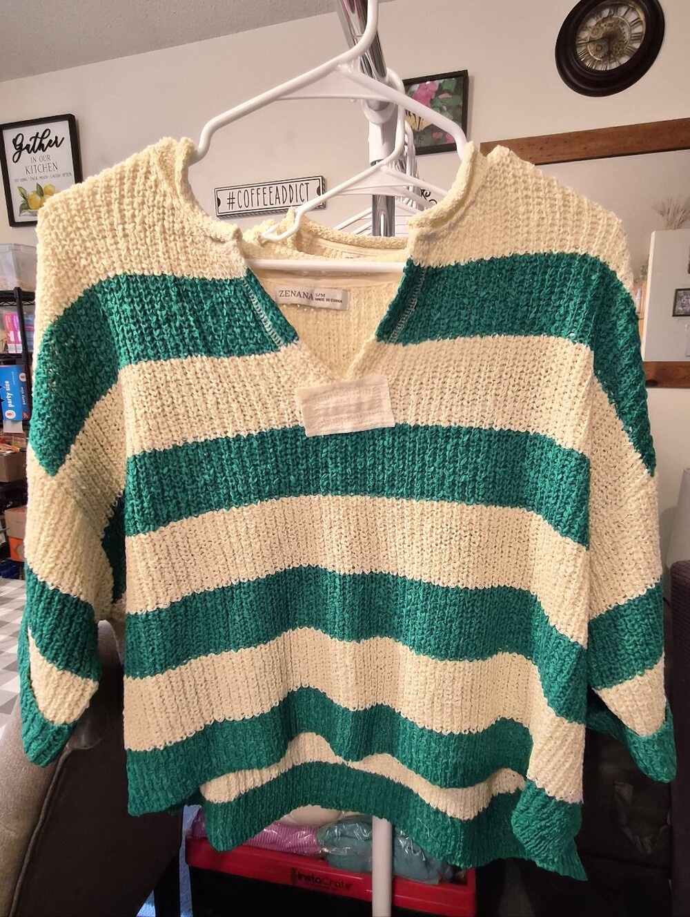 Zenana Outfitters Green and Cream Striped Knit Sweater